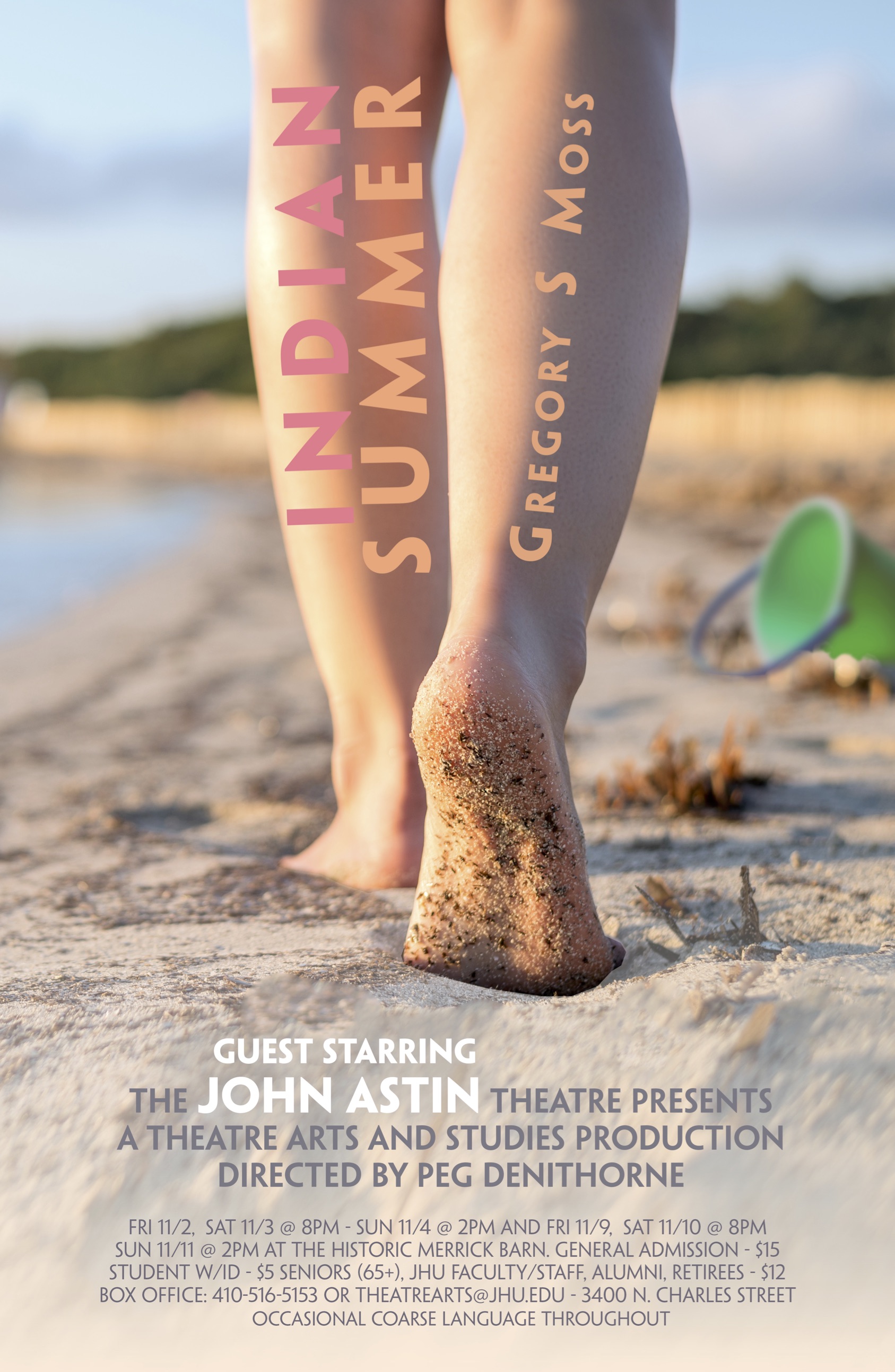 Bare legs walking on a beach. On them it reads Indian Summer by Gregory S. Moss.