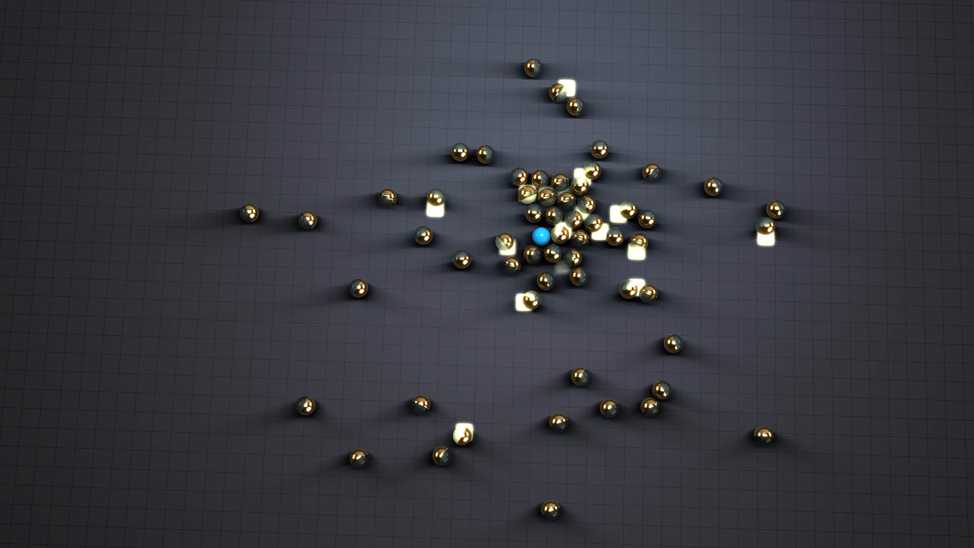 gold and glass spheres moves in on a blue sphere