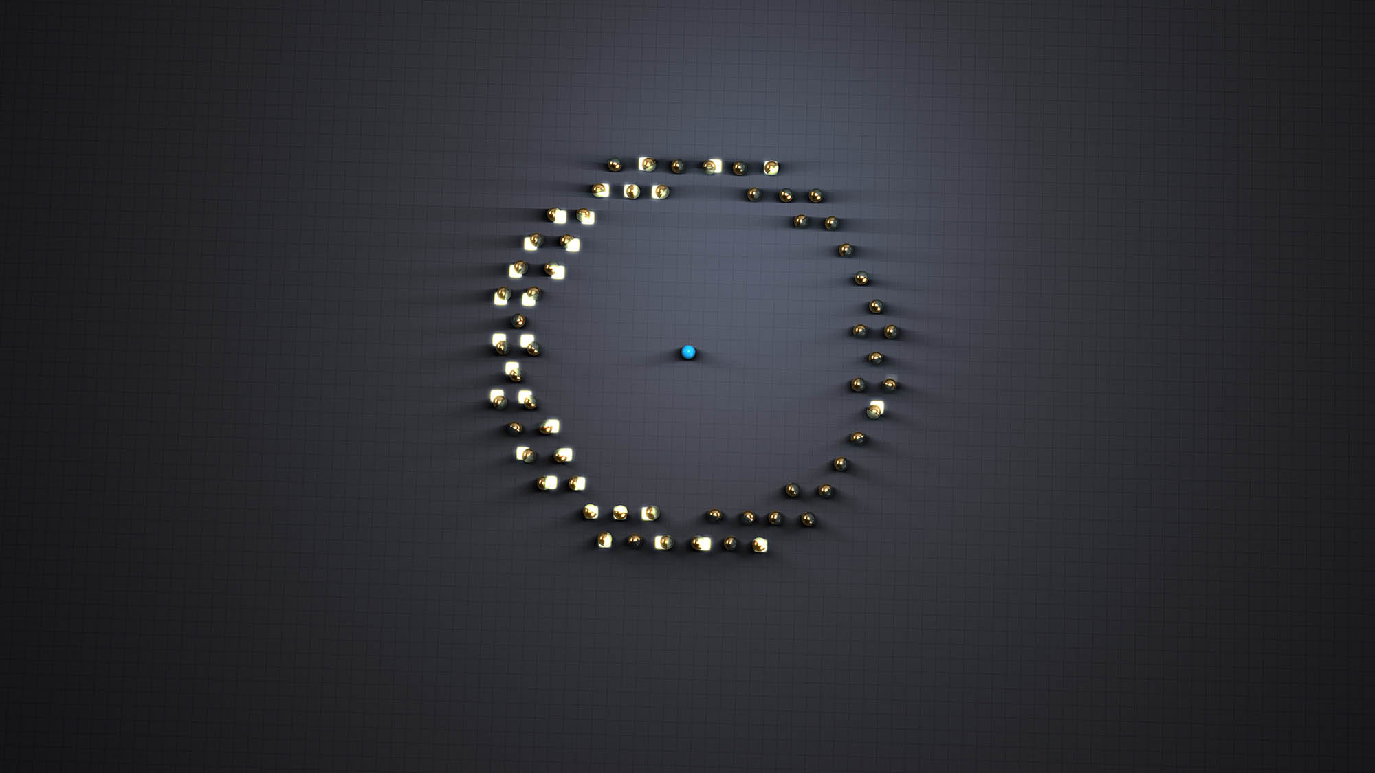 sixty gold and glass spheres on a square grid surround on blue spehere