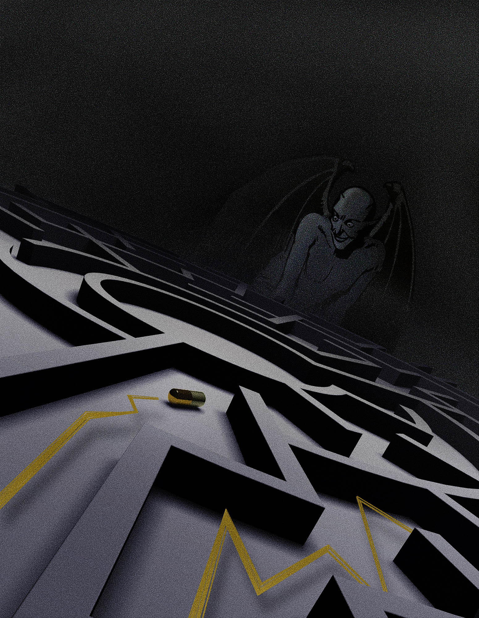 An illustration of a maze and a devil