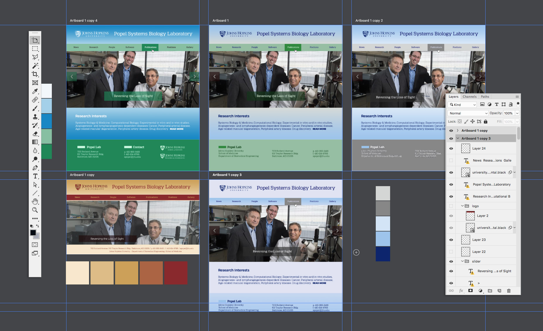Photoshop sketches of different color versions of the Popel Laboratory website.