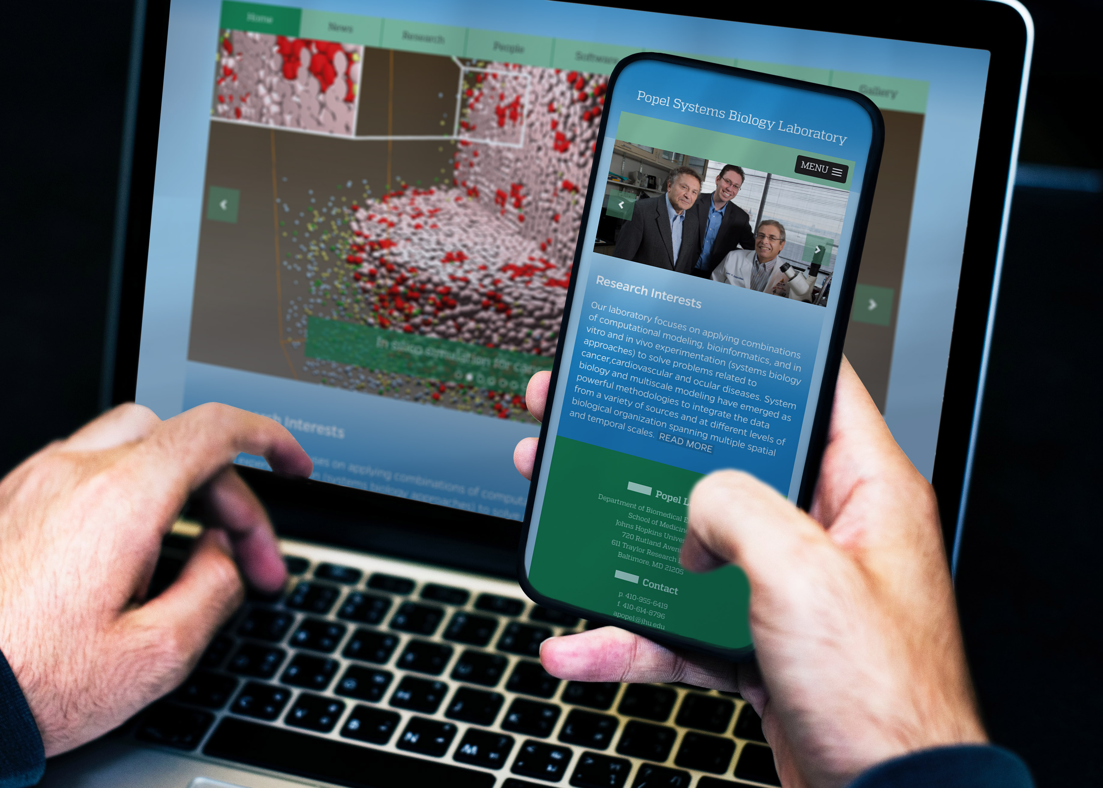 The Popel Laboratory website presented on a mobile phone.